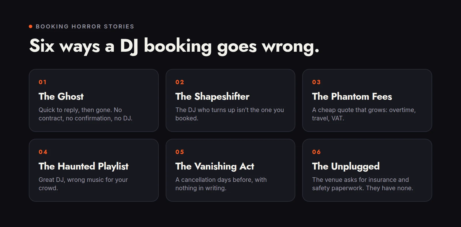 Six DJ booking horror stories: The Ghost, The Shapeshifter, The Phantom Fees, The Haunted Playlist, The Vanishing Act and The Unplugged