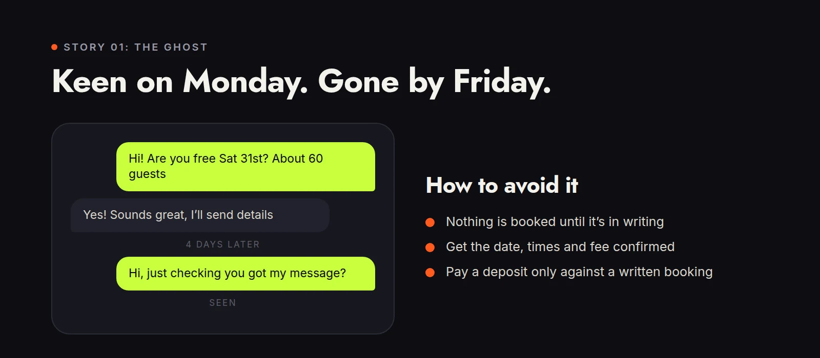 A chat where a DJ replies enthusiastically and then leaves the client on seen for four days, next to tips: nothing is booked until it's in writing, confirm date, times and fee, and only pay a deposit against a written booking