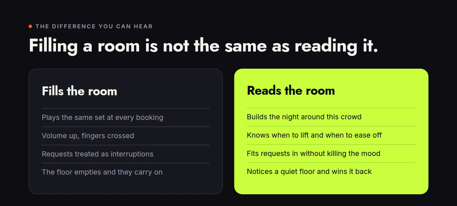 Comparison of a DJ who fills the room with one who reads it, from playing the same set everywhere to building the night around the crowd
